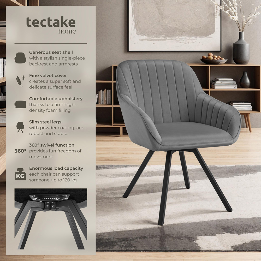 tectake Grey Velvet Swivel Armchair Image 6