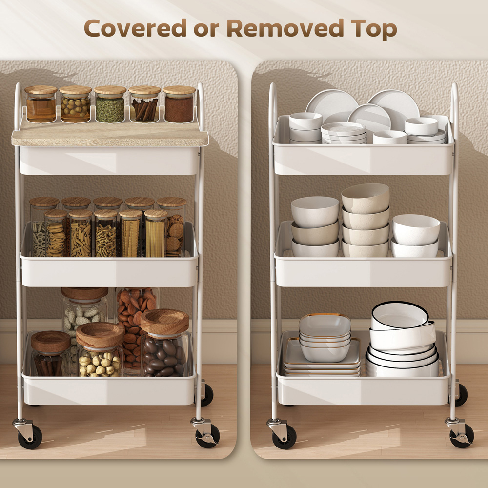 Portland 3 Tier White and Oak Rolling Utility Cart with Mesh Baskets Image 5