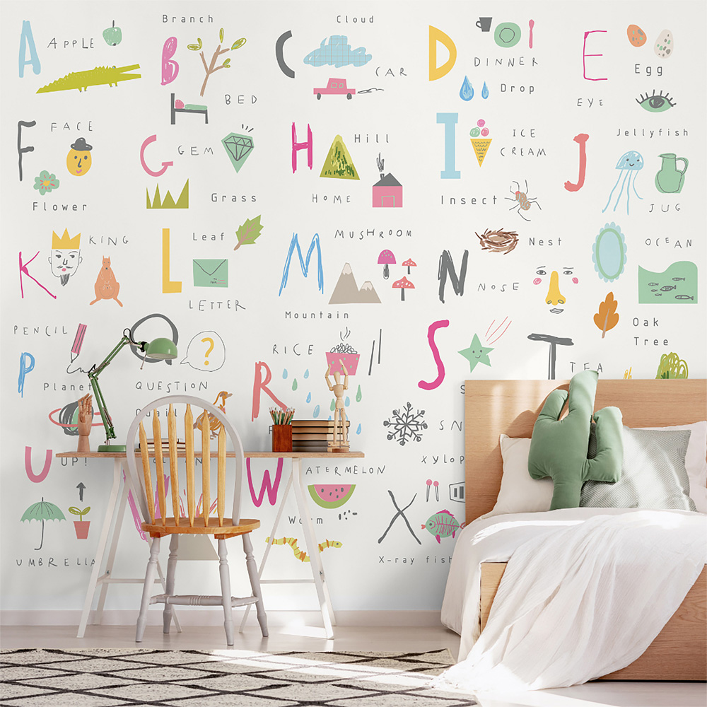 Origin Murals Children's Alphabet Illustrations Pink Wall Mural Image 1