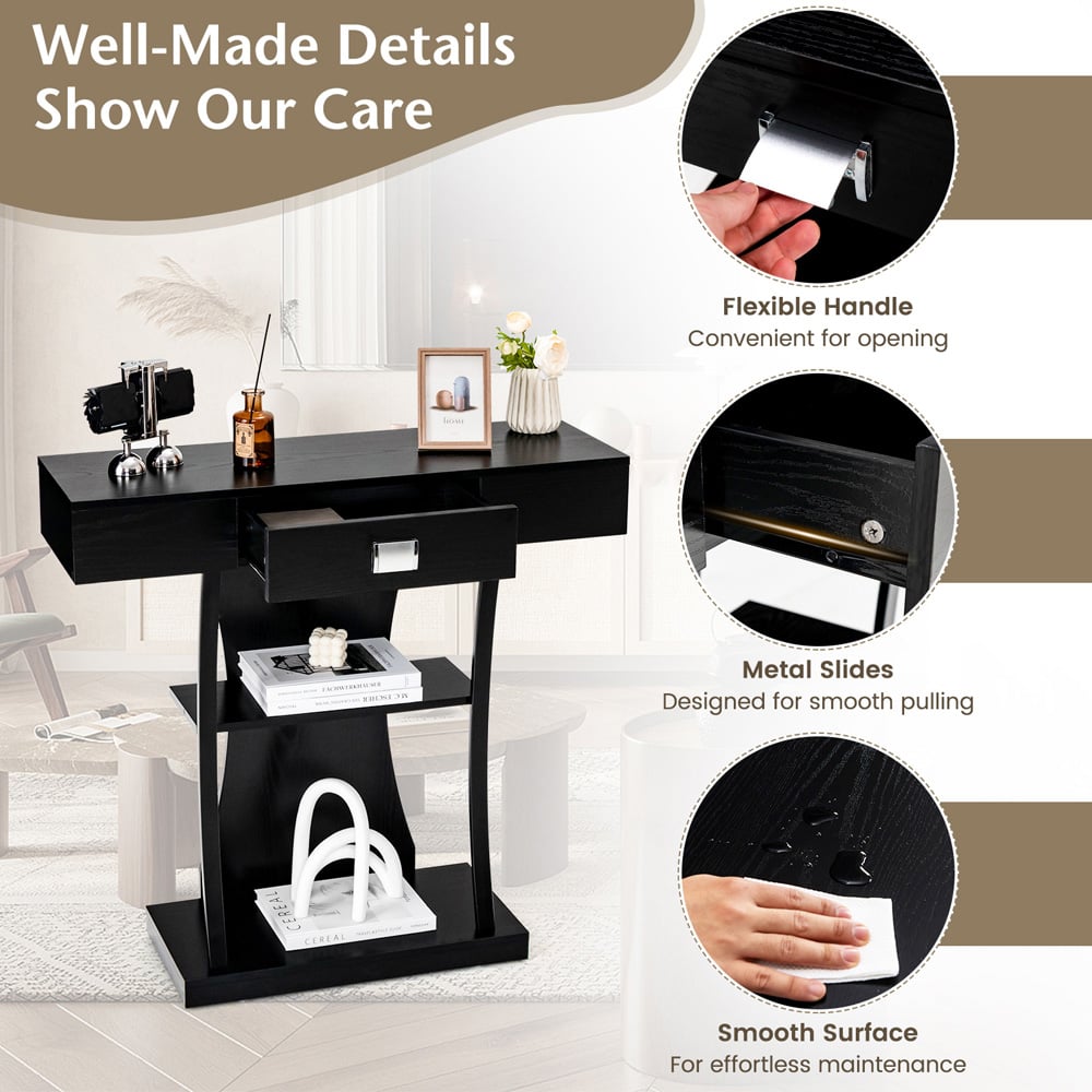 Costway Single Drawer 2 Shelf Black T Shaped Console Table Image 7