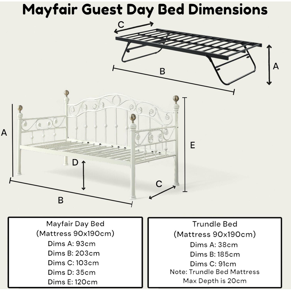 OAT Home Mayfair Single White and Brass and Black Guest Trundle Metal Day Bed Image 9
