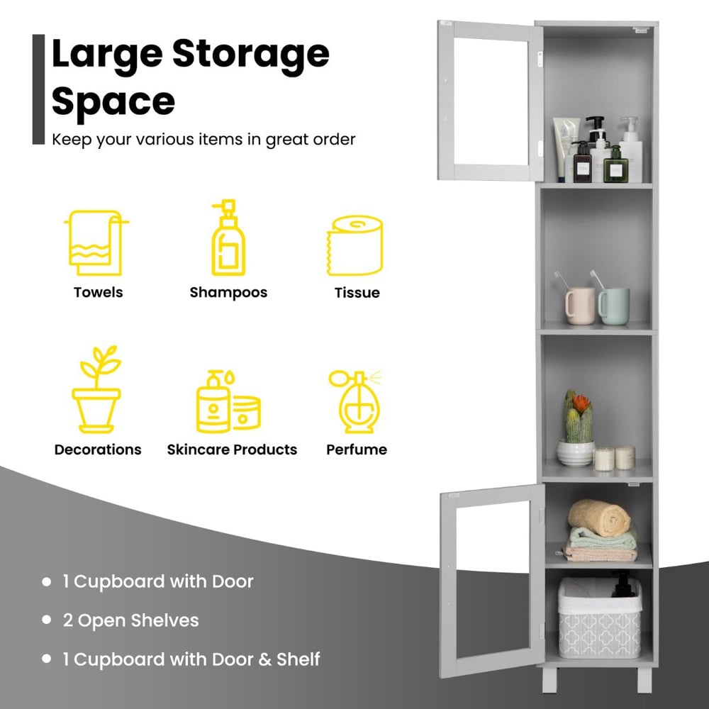 Costway 2 Door 4 Shelf Grey Freestanding Slim Wooden Bathroom Cabinet Image 7