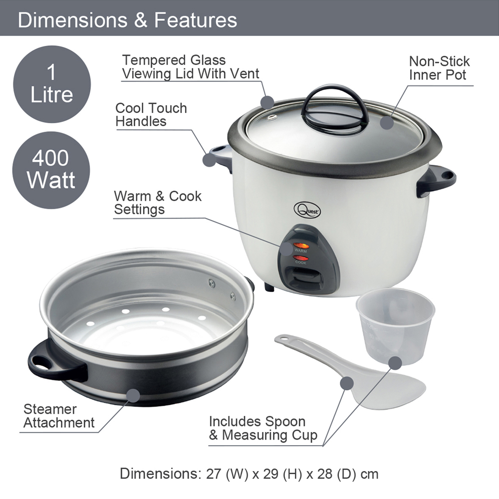 Quest 3 in 1 White 1L Rice Cooker and Steamer 400W Image 7