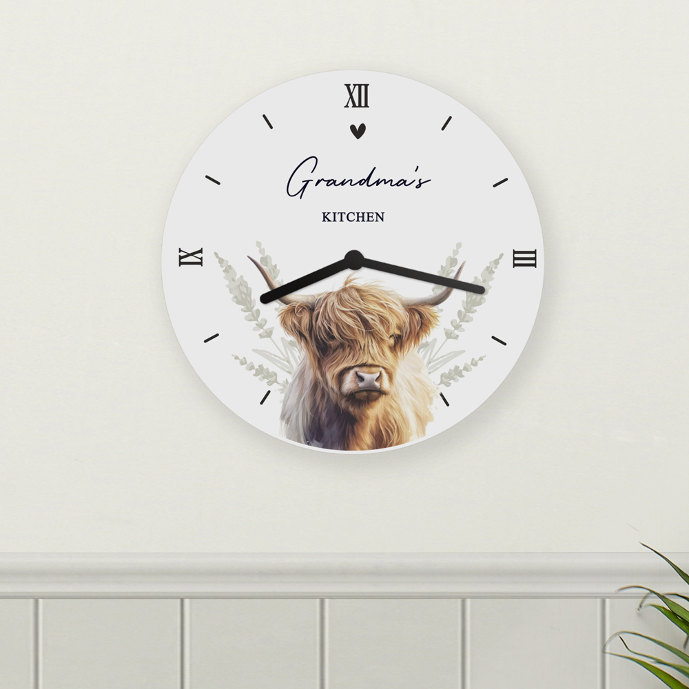 Personalised Memento Wooden Personalised Highland Cow Clock Image 2