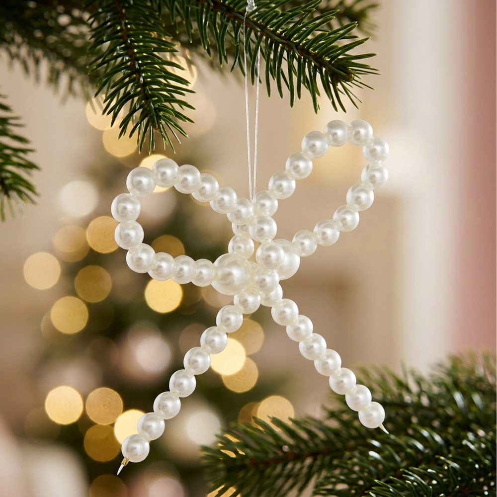 Pearl Beaded Bow Hanging Decoration White Image 2