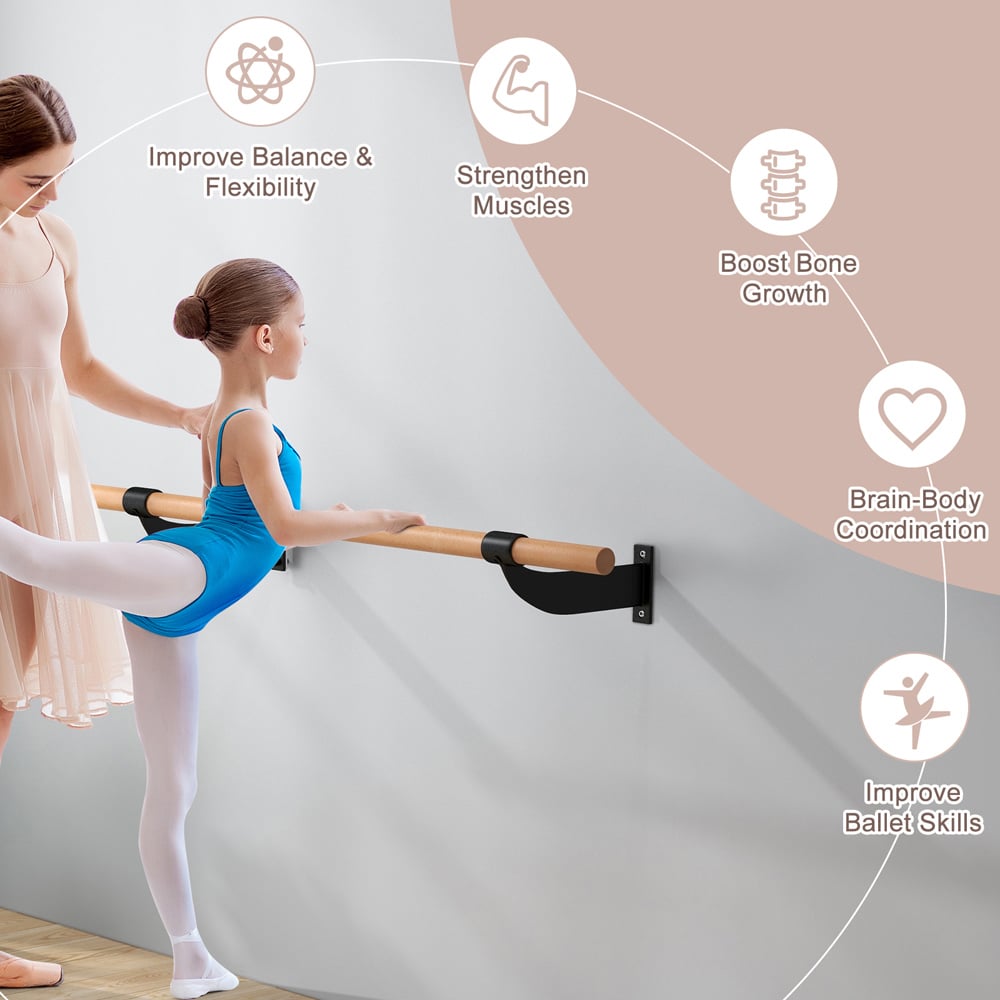 Costway Black Wall-Mounted Beech Wood Ballet Barre 120cm Image 6