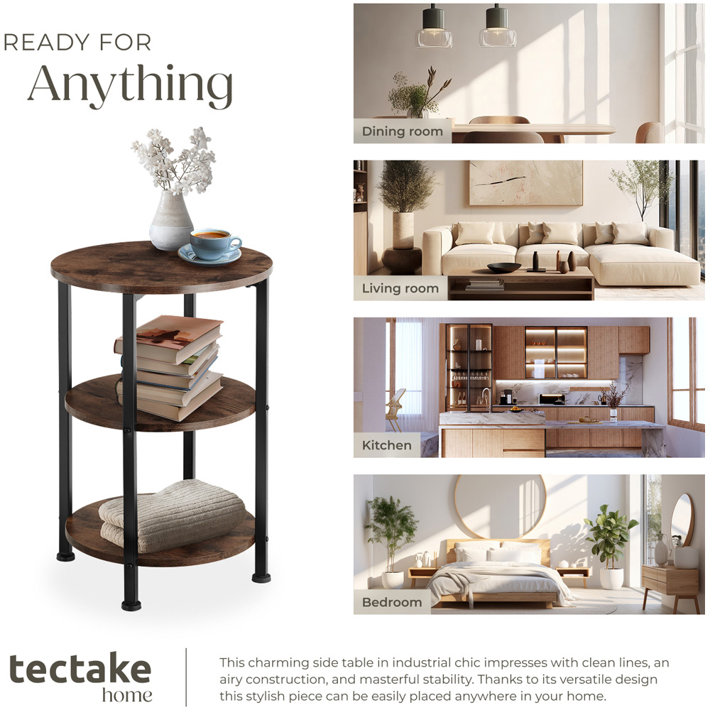Tectake Colchester 2 Shelf Rustic Dark Wood Round Bedside Table Image 6