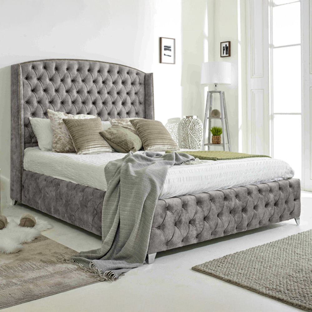 Eleganza Home Winfield Single Silver Oakland Fabric Bed Frame with Chesterfield Headboard Image 1