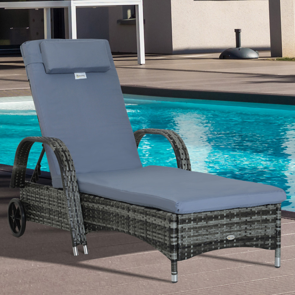 Outsunny Grey Rattan Recliner Sun Lounger Image 1