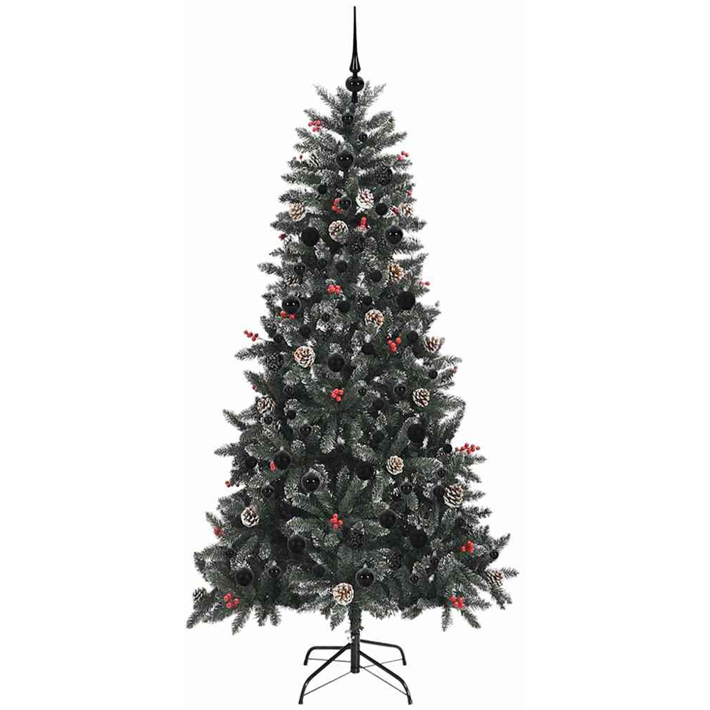 vidaXL Pre-Lit Black Baubles and Pinecones Green Artificial Snow Tipped Christmas Tree 7ft Image 4