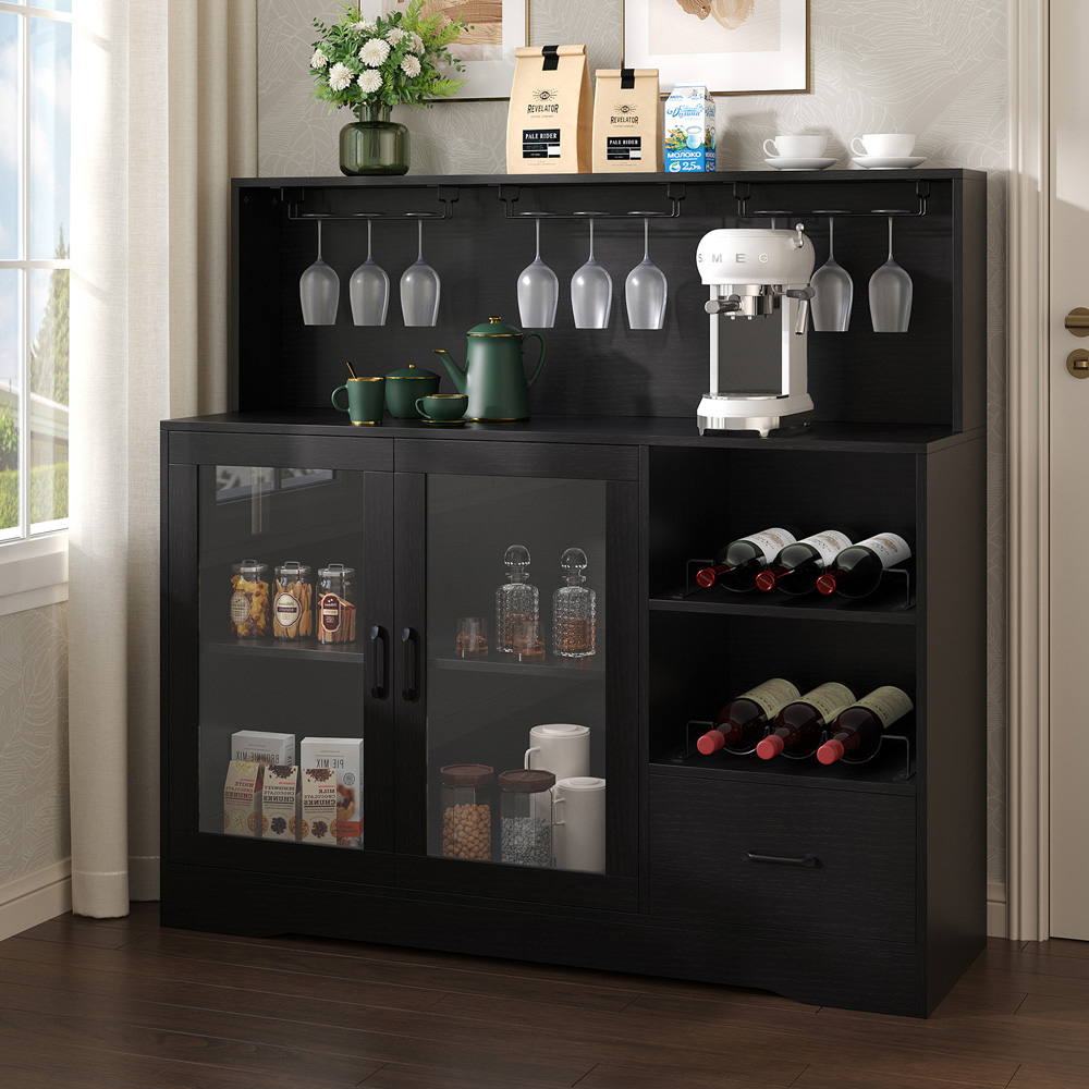 Living and Home 2 Door Single Drawer 3 Shelf Black RGB LED Bar Cabinet with Power Outlet Image 8