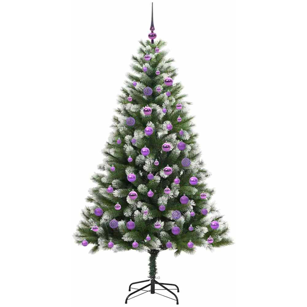 vidaXL Pre-Lit Lilac Baubles Green Artificial Snow Tipped Hinged Christmas Tree 6ft Image 4