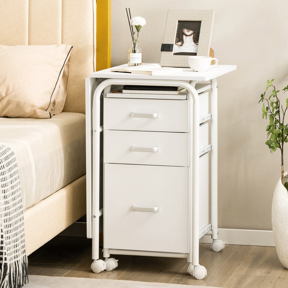 Costway 3 Drawers Folding Computer Desk with Rolling Wheels White Image 4