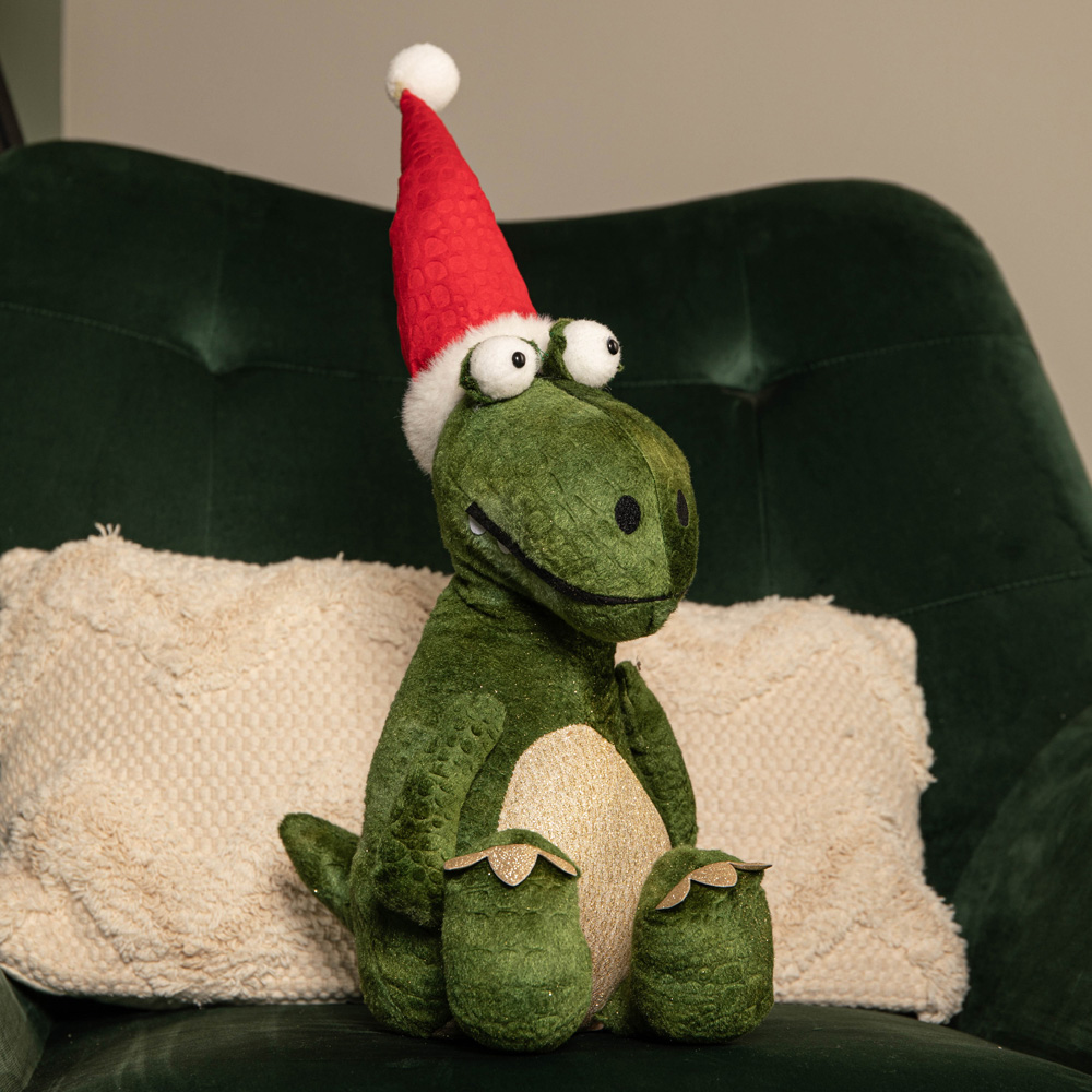 Samuel Alexander Green Sitting Christmas Dinosaur with Santa Hat Image 2