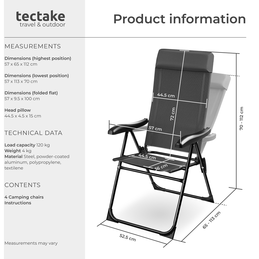 tectake Mauritz Set of 4 Anthracite Reclining Camping Chair Image 9