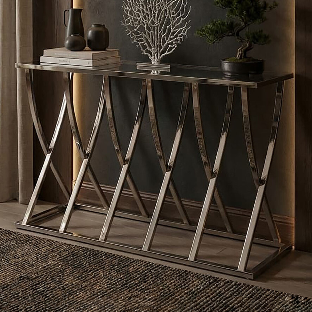 Premier Housewares Silver Chrome Finish Glass Top Console Table Image 1