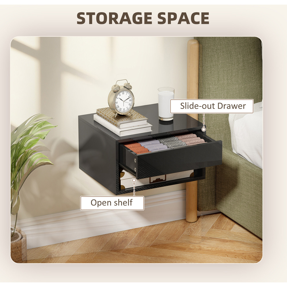 Portland Single Drawer Single Shelf High Gloss Black Floating Nightstand Set of 2 Image 8