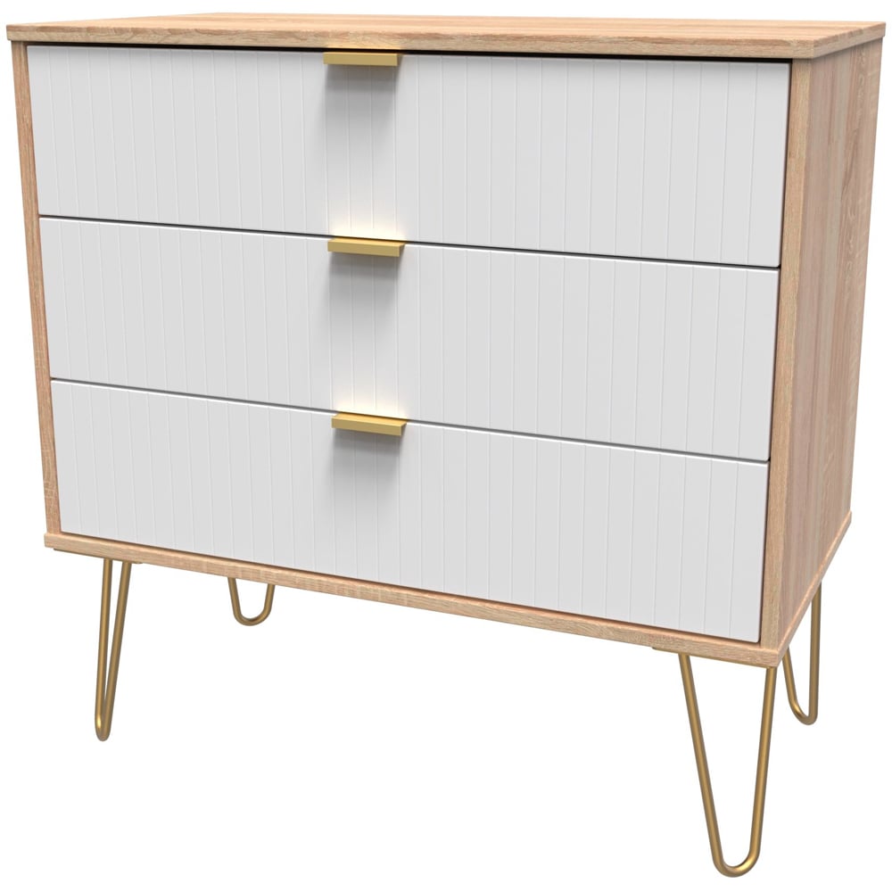 Crowndale 3 Drawer White Matt and Bardolino Oak Wide Chest of Drawers Ready Assembled Image 2