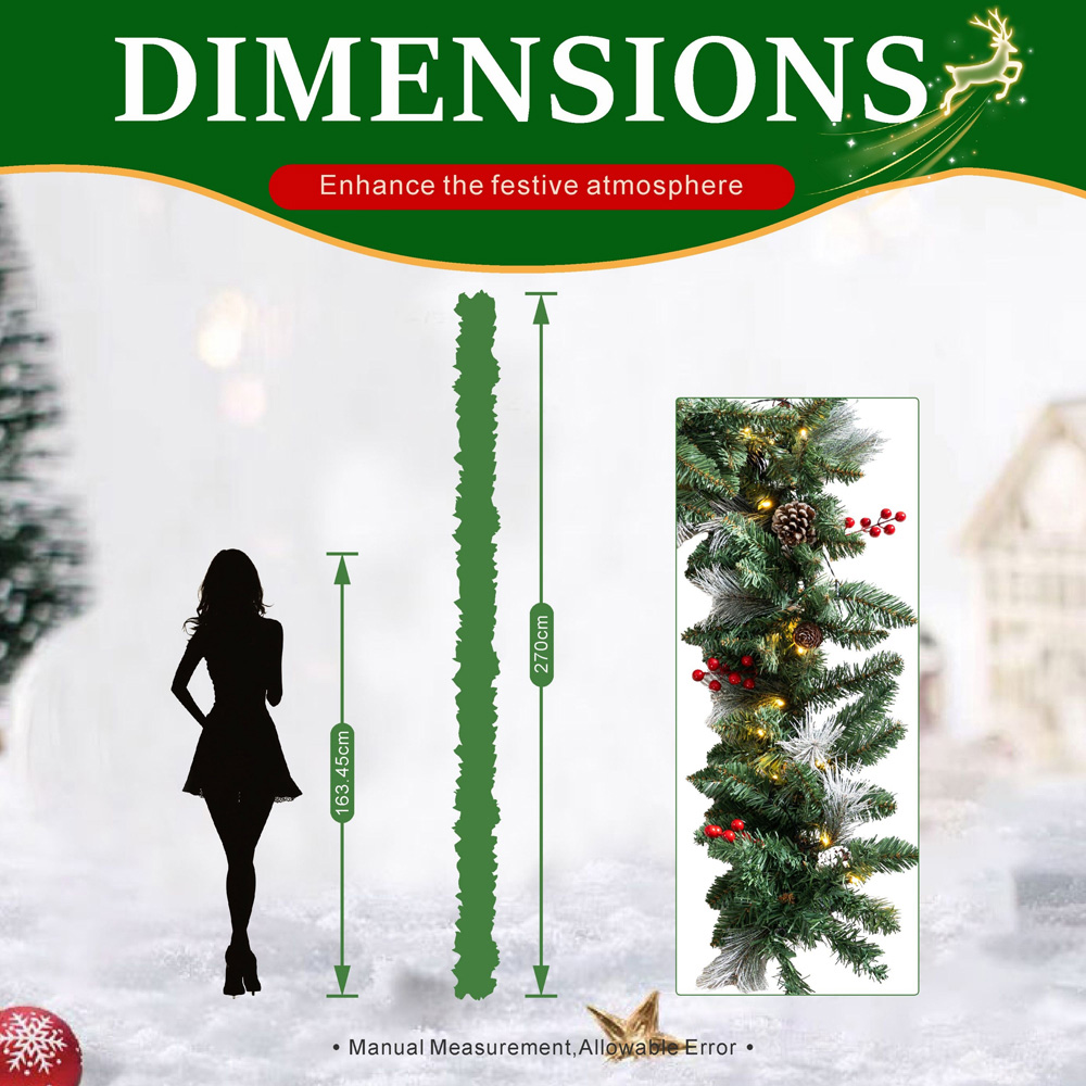 Abrihome 50 Warm White LED Artificial Christmas Garland with Tips Pinecones and Red Berries 270cm Image 9