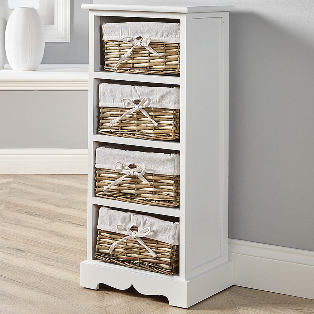 Home Source Lichfield 4 Basket Drawer White Wooden Wicker Storage Unit Image 1