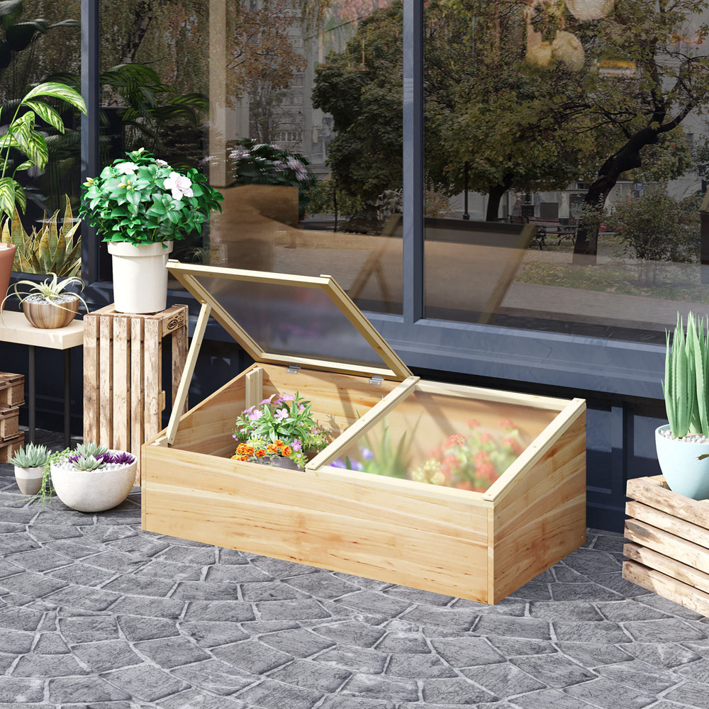 Outsunny Natural Wooden Polycarbonate 3.2 x 1.6ft Cold Frame with Top Cover Image 2