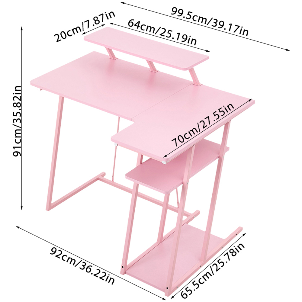 Living and Home Pink L-Shaped Gaming Desk with Monitor Stand and Shelf Image 9