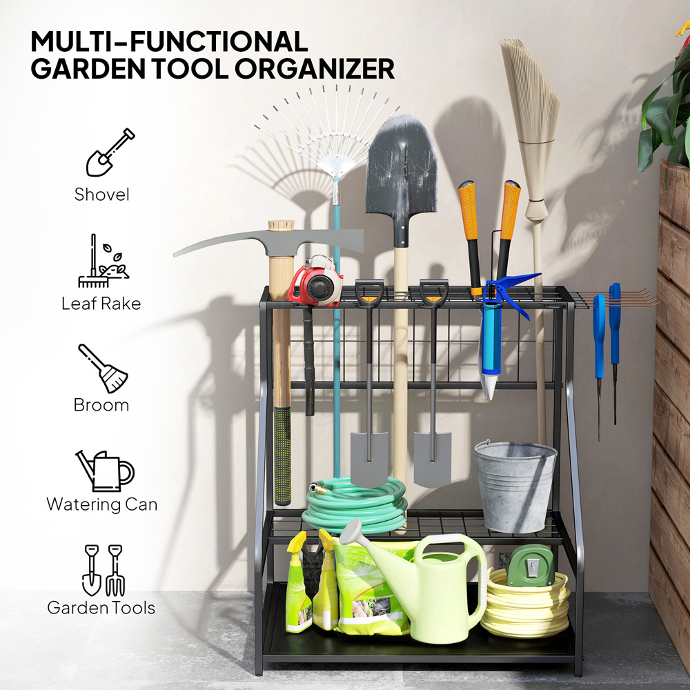 Outsunny 3 Tier Garden Tool Storage Rack with 11 Hooks Image 5