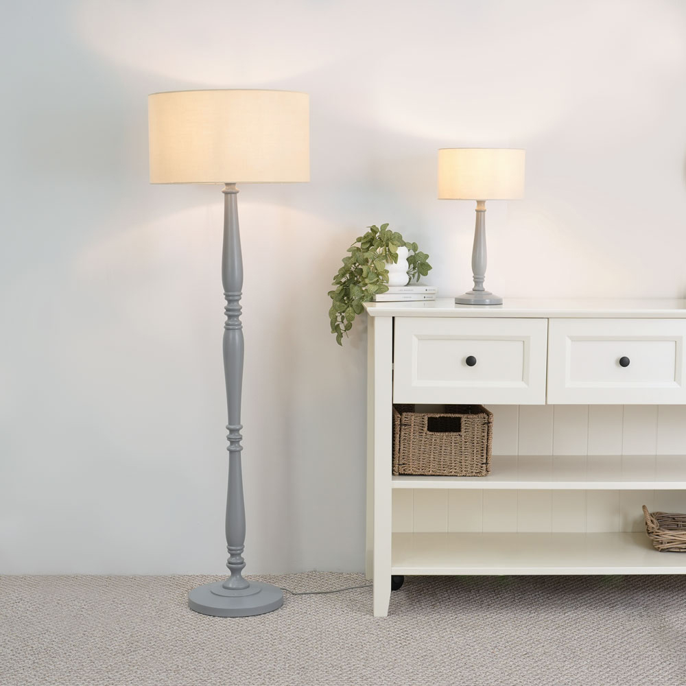 ValueLights Victoria Natural Fabric Drum Shade Grey Wood Traditional Stem LED Table Lamp Image 4