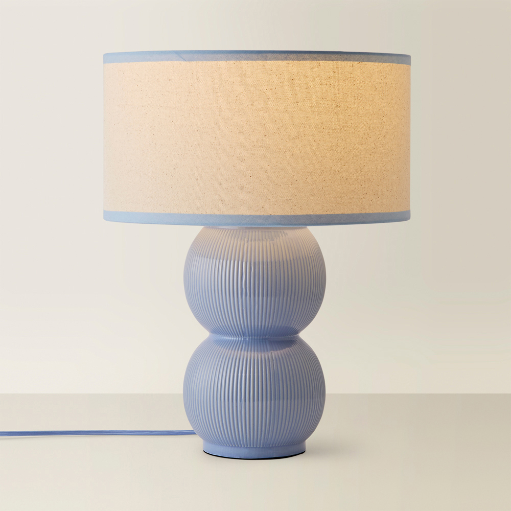 ValueLights Gemma Linen with Blue Trim Shade Stacked Ribbed Blue Glazed Table Lamp with Bulb Image 5