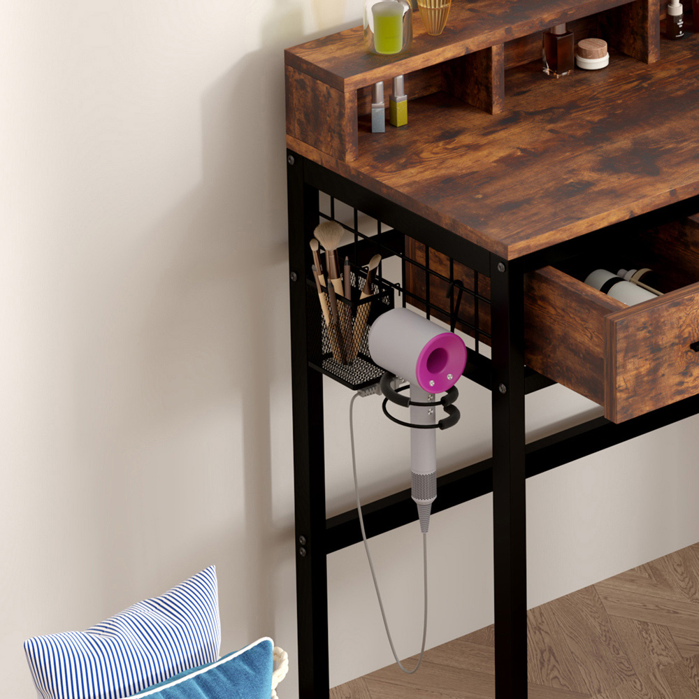 FurnitureHMD 3 Drawer 4 Shelf Rustic Industrial Style LED Light Makeup Vanity with Mirror Image 6