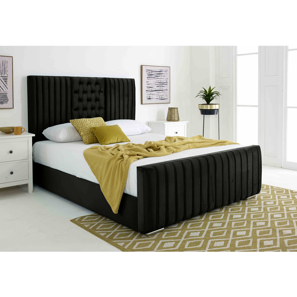 Eleganza Gracie King Size Black Plush Velvet Bed Frame with Lined Headboard Image 3