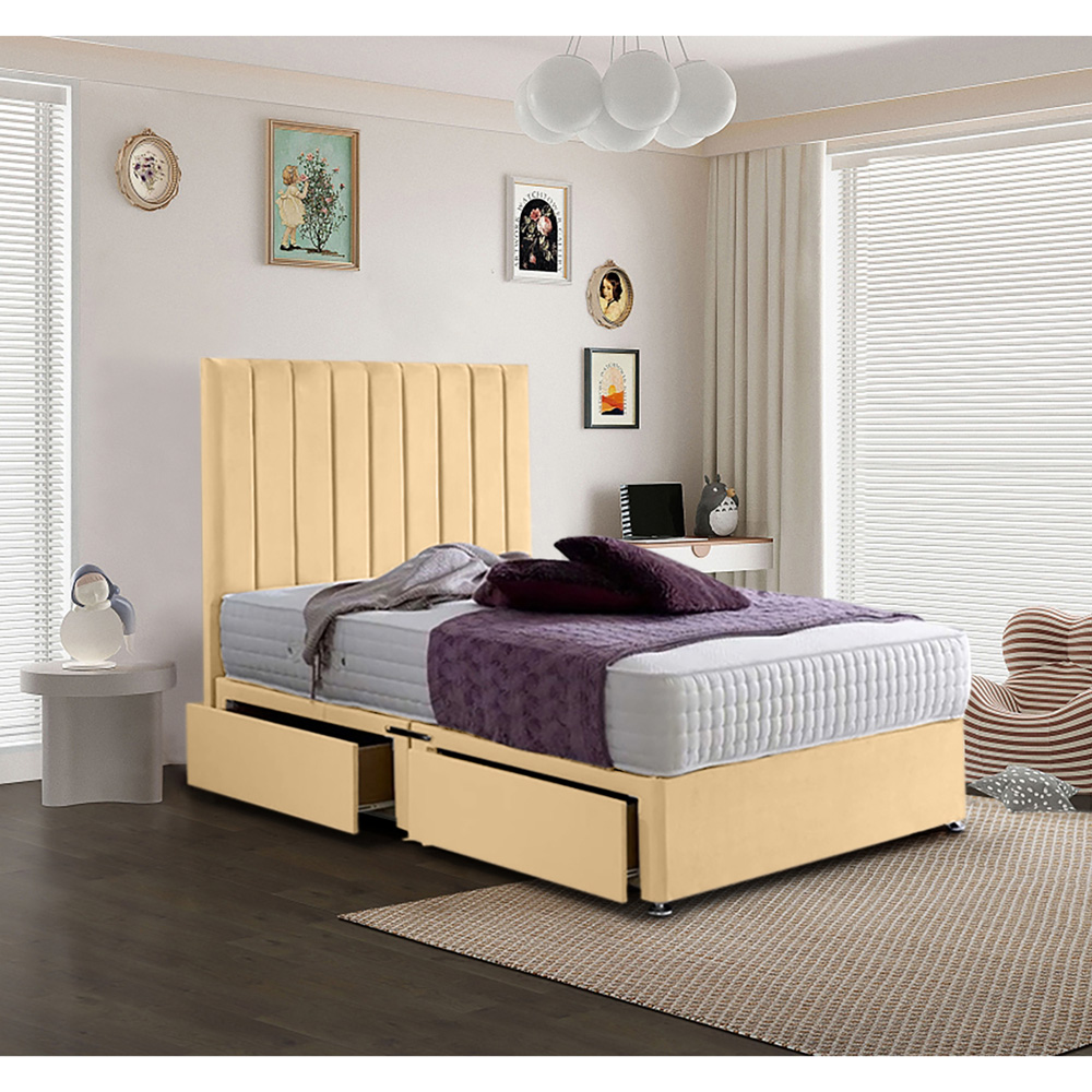 Eleganza Home Sleepytime Single Beige Plush Velvet 2 Drawer Divan Bed with Headboard Image 2