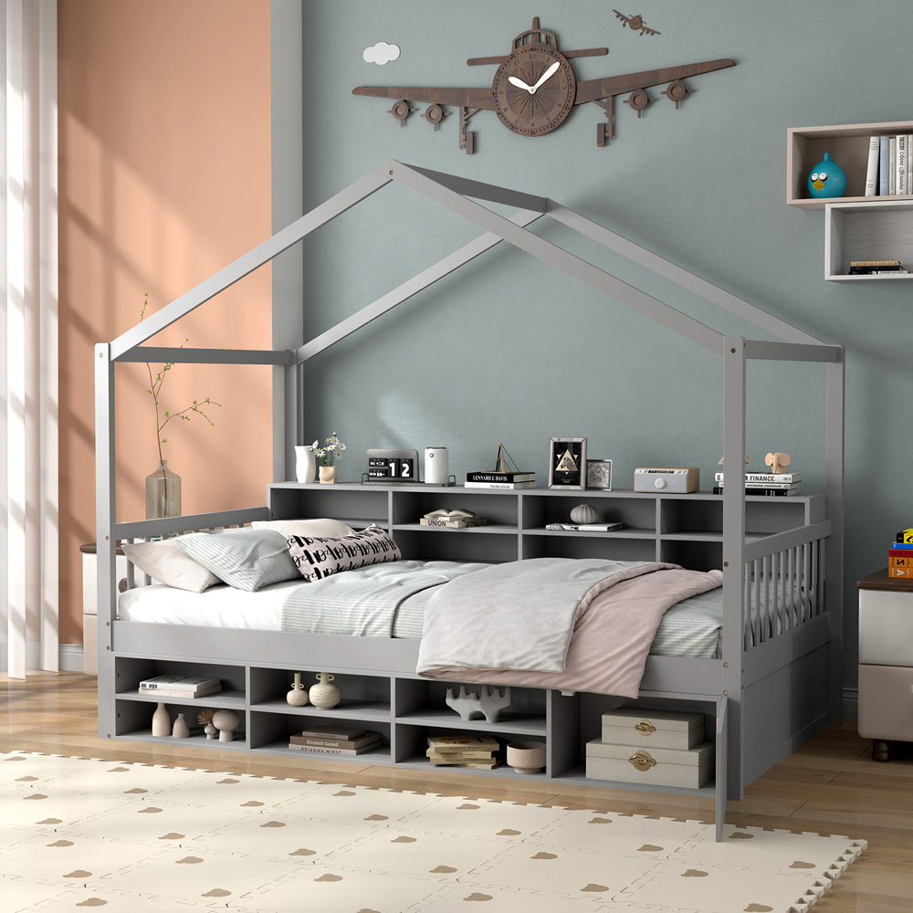 Costway Single Grey House Bed with Roof Image 3