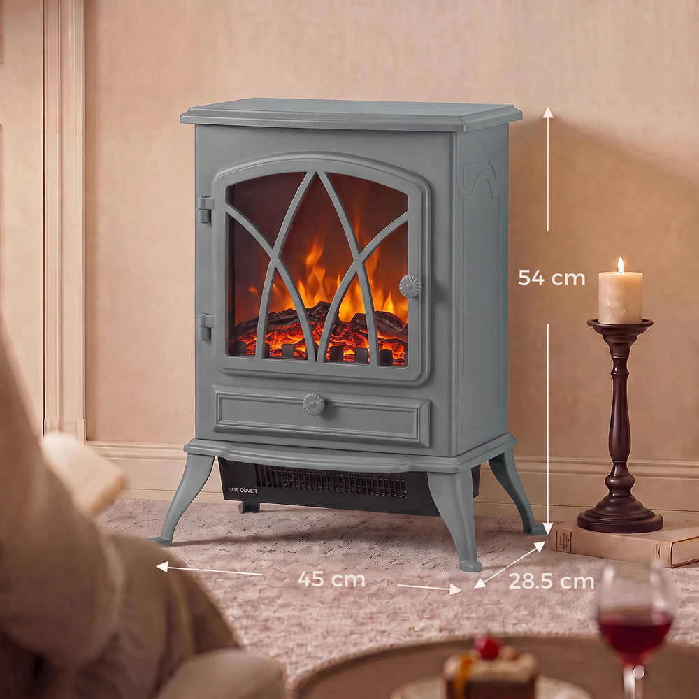 HOMCOM Grey Freestanding Fireplace Log Burner with LED Flame Effect Image 8