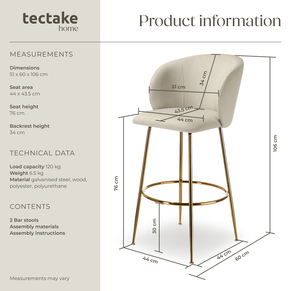 tectake Luana Cream and Gold Velvet Look Padded Bar Stool Set of 2 Image 8