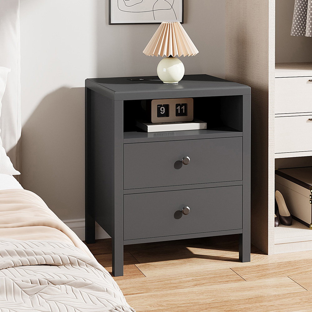 Living and Home 2 Drawer Single Shelf Black Modern Bedside Table with Power Strip Set of 2 Image 7