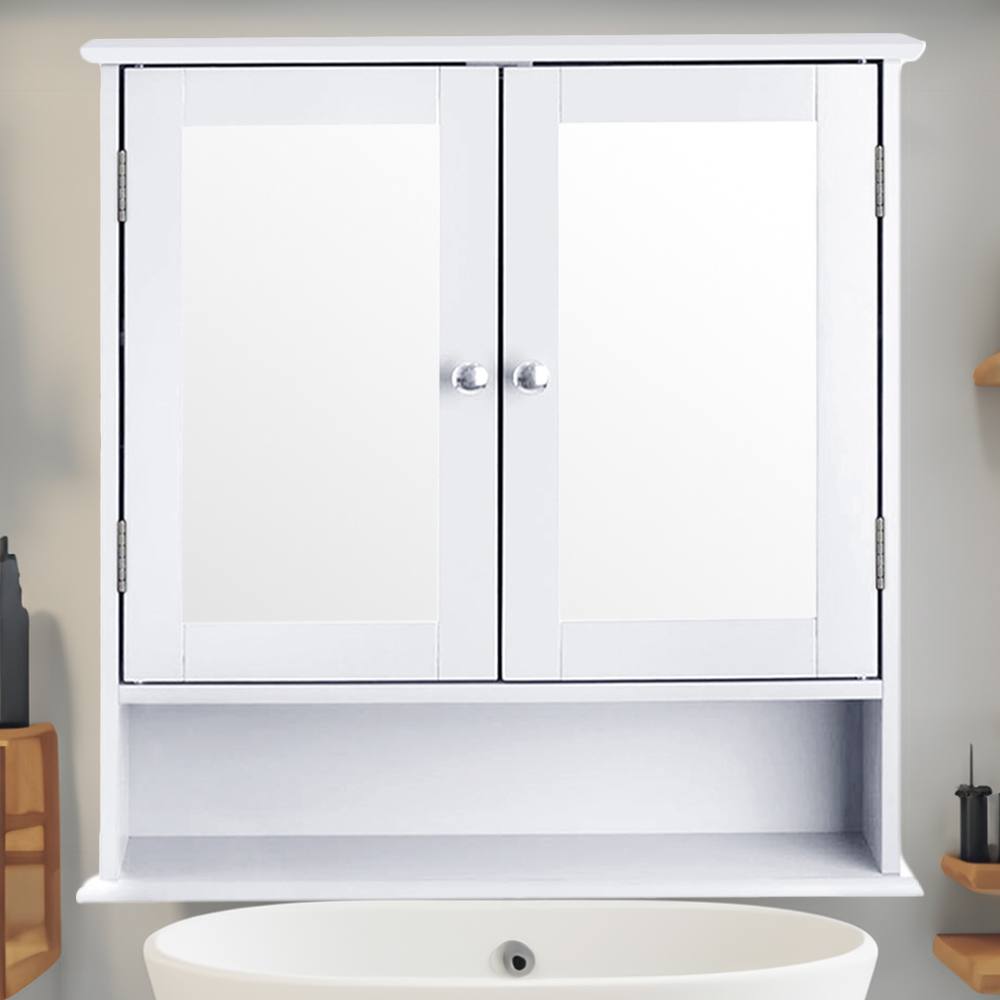 Living and Home White Wall Mounted Mirror Bathroom Cabinet Image 1
