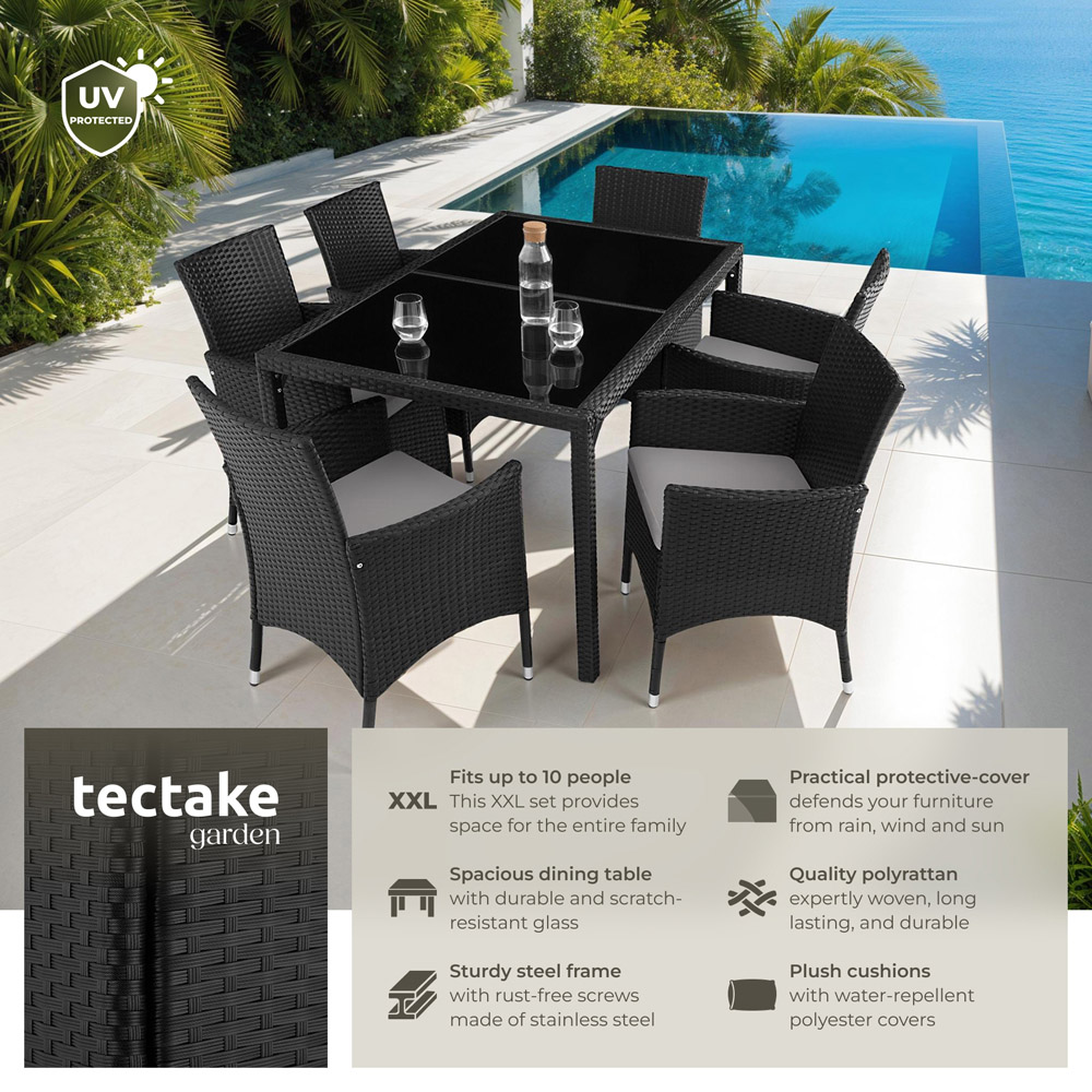 tectake Lisbon 6 Seater Rattan Garden Dining Set Black and Grey Image 8