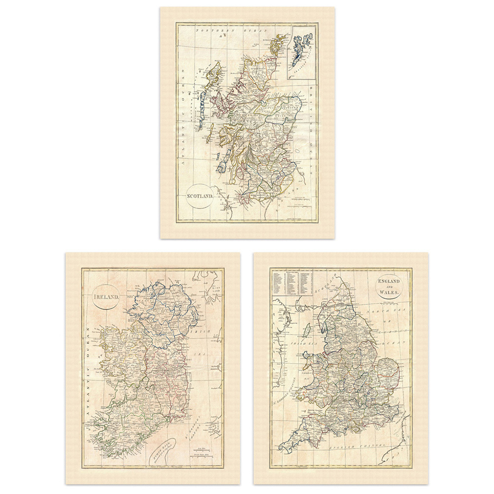 Artery8 Vintage British Isles England Wales Scotland Ireland Maps Wall Art Print 30 x 41cm 3 Pack Image 1