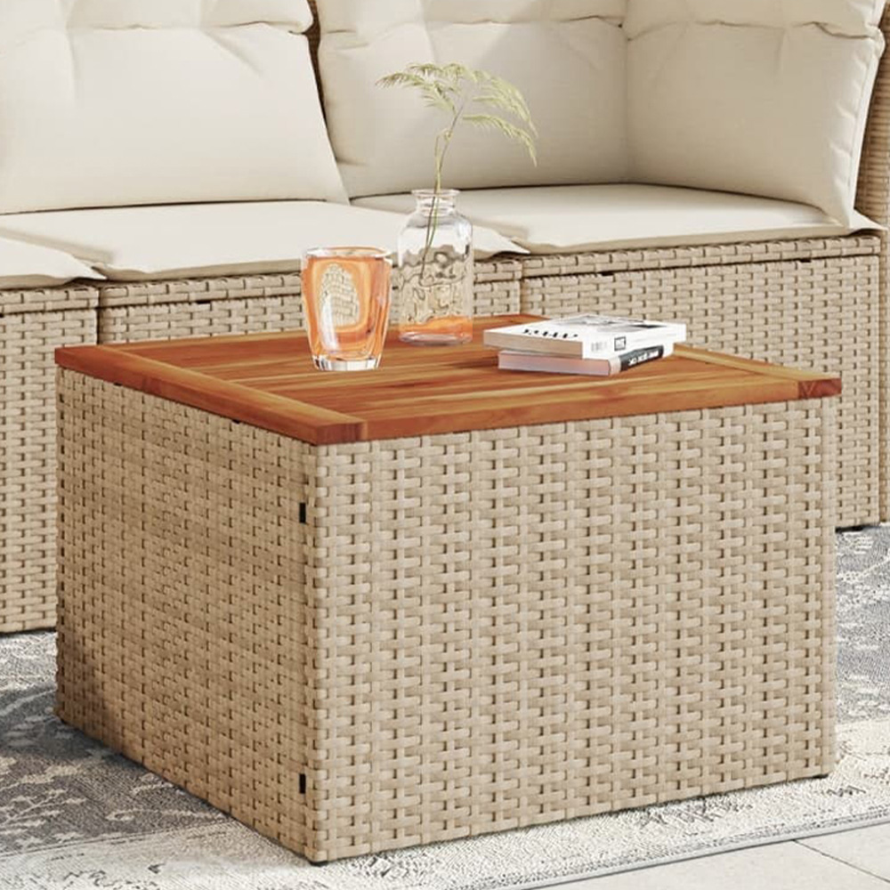 Walplus Beige Brown Poly Rattan Acacia Wood Top Garden Coffee Table Image 1