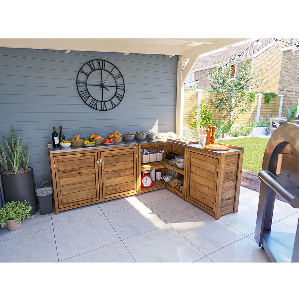 Dunster House 3 Door 2 Shelf Stainless Steel Countertop L-Configuration Garden Kitchen Unit Image 3