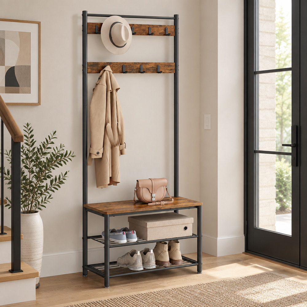 Modcraft 3-in-1 2 Shelf Industrial Coat Stand with Shoe Bench Image 2