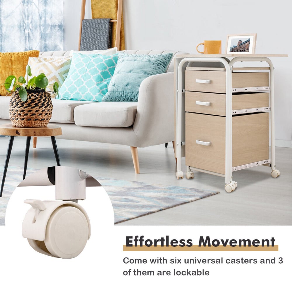 Costway 3 Drawer Folding Computer Desk with Rolling Wheels Natural Image 8
