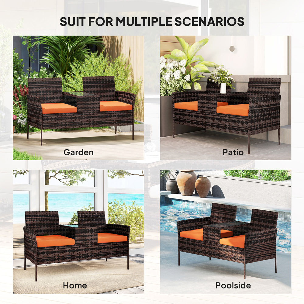 Outsunny Orange Rattan Wicker Garden Bench with Tea Table Image 5