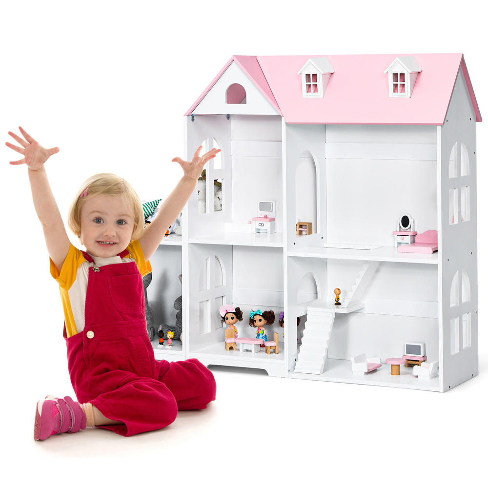 Costway Pink Large Wooden Dolls House Image 3