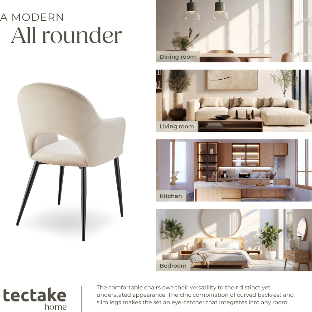 tectake Sasha Set of 4 Cream Velvet Dining Chair Image 7