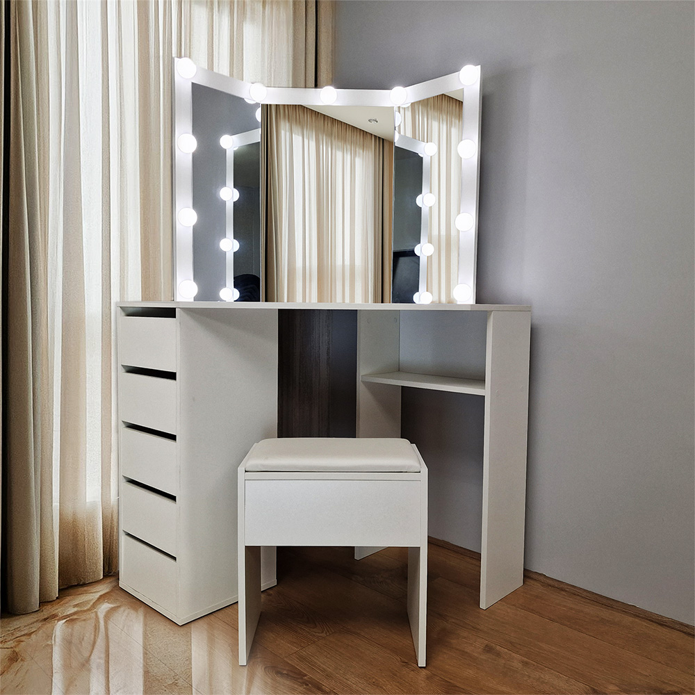 Portland 5 Drawer White Corner Dressing Table Set with LED Mirror Image 5