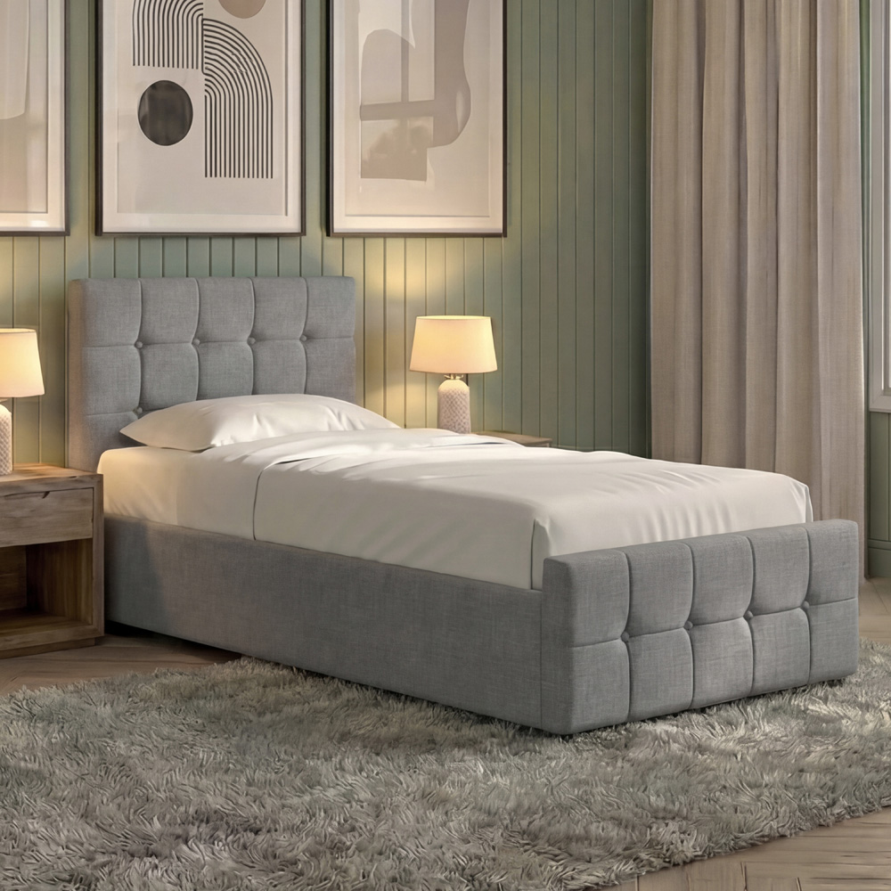 VIDA DESIGNS Valentina Single Light Grey Linen Ottoman Bed with Padded Headboard Image 1