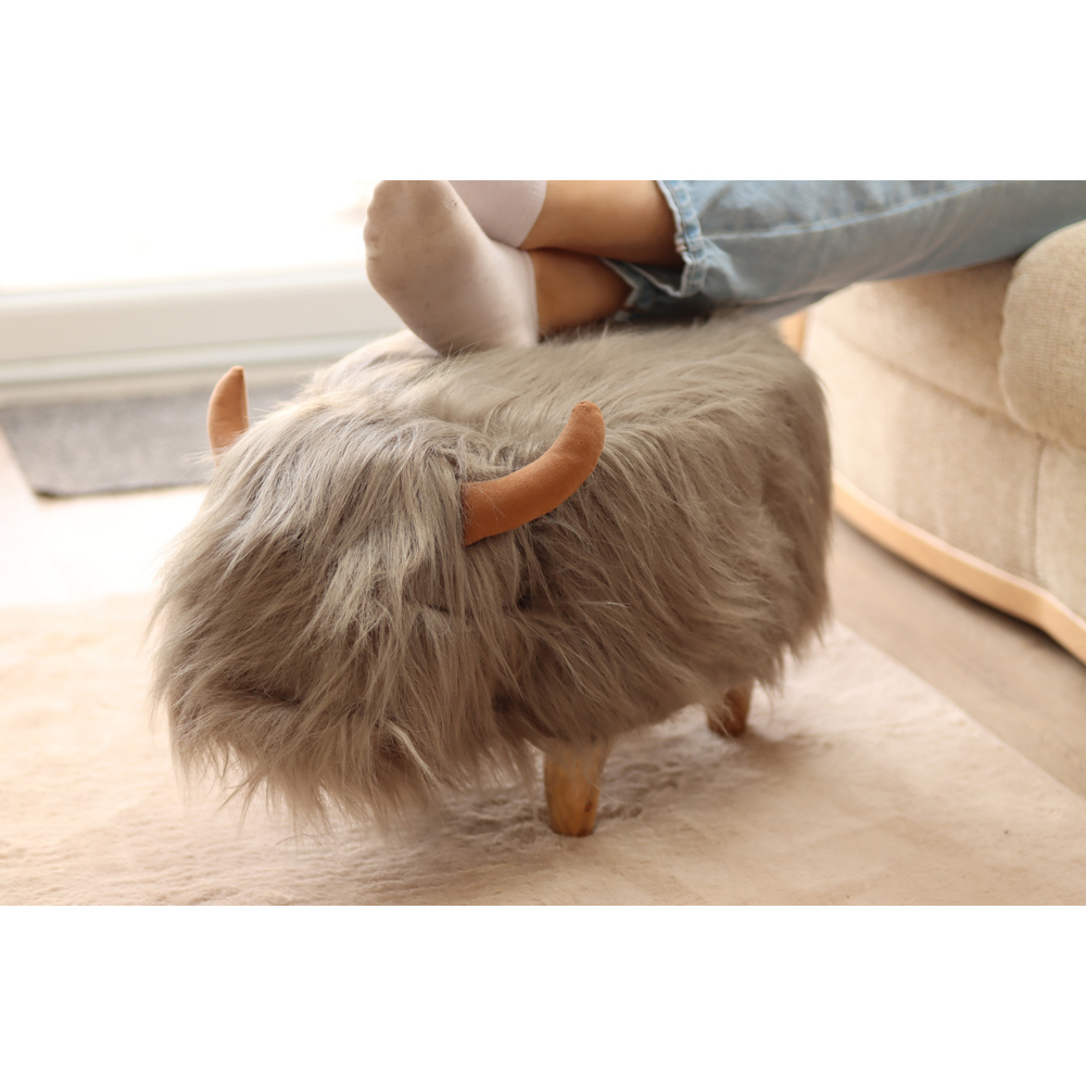 Gardeco Georgette The Highland Cow Pale Grey Synthetic Fur Footstool Image 8