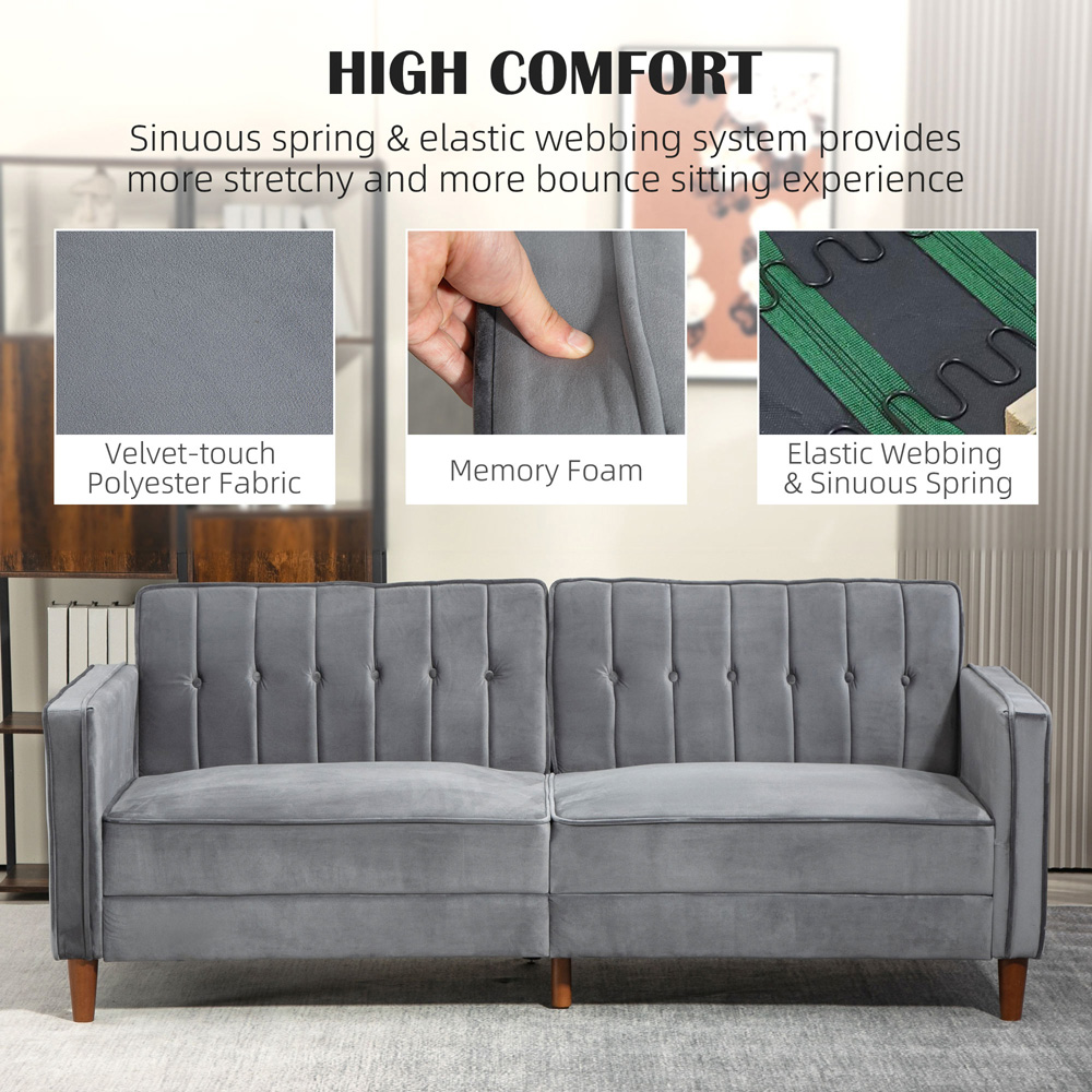 HOMCOM 3 Seater Dark Grey Velvet Button Tufted Sofa Bed Image 6